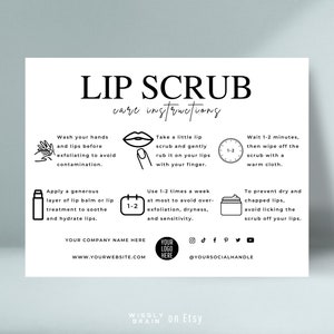 Vorlage für eine Lippenpeeling-Pflegekarte, bearbeitbare Pflegeanleitung für Lippenzuckerpeeling, druckbare Peeling-Balsam-Kundenanweisungen, Verwendung eines Lippenpeelings