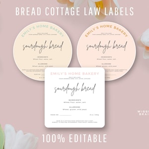 Editable Bread Bakery Cottage Law Labels Template, Food License Stickers, Minimalist Design Home Bakery Sourdough Bread Packaging Design