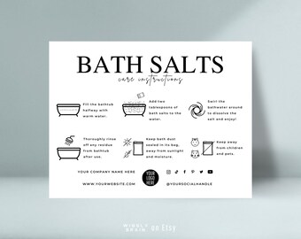 Editable Bath Salts Care Card Template, Epsom Salt Care Guide Instructions, Bath Soak Safety Note, Elegant Design How To Use Bath Salt Tips