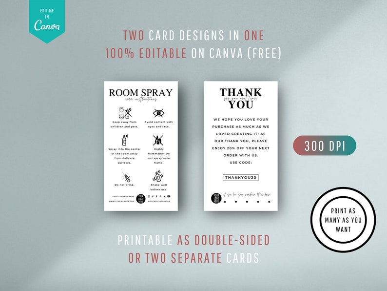 Printable Mist Card Mini Room Spray Care Card Template, Editable Room Mist Care ...