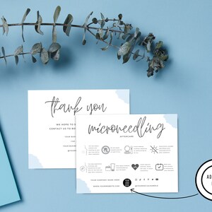 May include: Two white cards with blue watercolor accents. The first card says "thank you" and has text about contacting the business. The second card says "microneedling aftercare" and has a list of instructions with icons. The cards are on a light blue background.