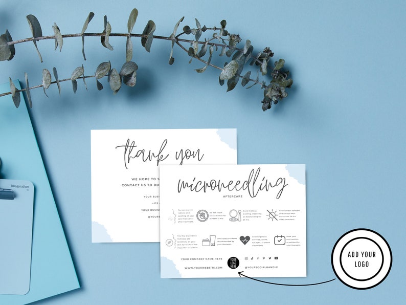 May include: Two white cards with blue watercolor accents. The first card says "thank you" and has text about contacting the business. The second card says "microneedling aftercare" and has a list of instructions with icons. The cards are on a light blue background.