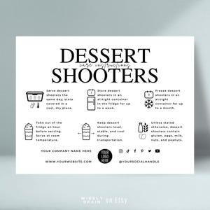 Bearbeitbare Dessert Shooters Care Card-Vorlage, benutzerdefinierte Cake Shot-Servieranweisungen, druckbare elegante Designbäckerei-Pflegeanleitung