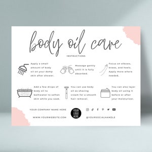 Editable Body Oil Care Card Template, Dry Oil Application Guide, Boho Design Body Serum Care Instructions