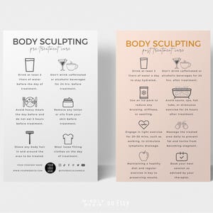 Plantilla de cuidado previo y posterior a la escultura corporal, tarjeta editable para el cuidado posterior del contorno corporal, instrucciones de cuidado imprimibles para la escultura corporal