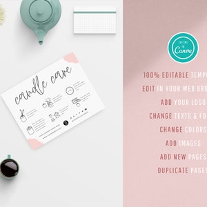 May include: A printable candle care guide with instructions on how to care for candles. The guide is editable in Canva and includes instructions on how to trim wicks, burn candles safely, and store candles properly. The guide is designed to be used by candle makers and sellers.