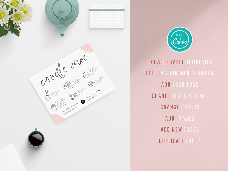May include: A printable candle care guide with instructions on how to care for candles. The guide is editable in Canva and includes instructions on how to trim wicks, burn candles safely, and store candles properly. The guide is designed to be used by candle makers and sellers.
