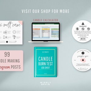 May include: A collection of digital and printable resources for candle making, including a candle calculator spreadsheet, a wax melt care guide, a candle burn test log sheet, and a printable candle label template. The resources are designed to help candle makers create high-quality candles and manage their business.