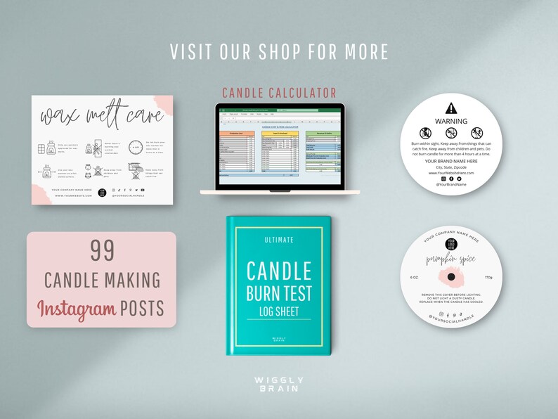 May include: A collection of digital and printable resources for candle making, including a candle calculator spreadsheet, a wax melt care guide, a candle burn test log sheet, and a printable candle label template. The resources are designed to help candle makers create high-quality candles and manage their business.