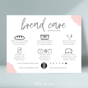 Plantilla de tarjeta de cuidado del pan, instrucciones de almacenamiento de hogaza de pan, inserciones de pan de masa madre, nota de guía de cuidado de panadería de diseño boho editable imprimible