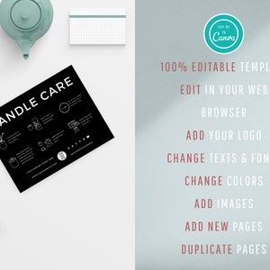 May include: A black and white printable candle care guide with instructions on how to care for candles. The guide includes text and illustrations. The text includes the words "CANDLE CARE". The guide is editable in Canva.