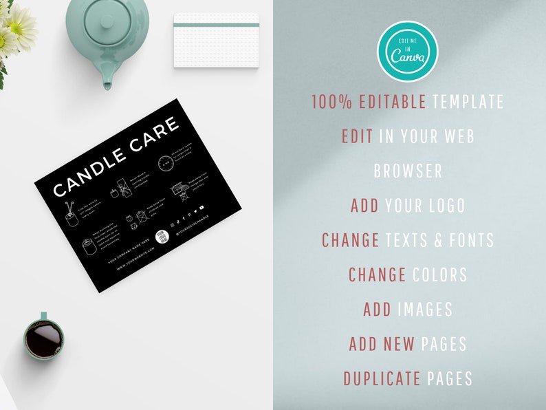 May include: A black and white printable candle care guide with instructions on how to care for candles. The guide includes text and illustrations. The text includes the words "CANDLE CARE". The guide is editable in Canva.