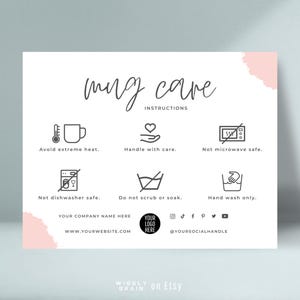 Editable Mug Care Card Template, Mini Coffee Cup Care Guide, Mugs Care Instructions Cards, Boho Design Ceramic Clay Washing Tips