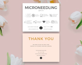 Puede incluir: Una tarjeta blanca con texto negro que dice "Microneedling Aftercare" con una lista de instrucciones. La tarjeta también tiene un logotipo y handles de redes sociales. La mitad inferior de la tarjeta es rosa con texto dorado que dice "Gracias" e incluye información de contacto.