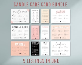 May include: Nine printable candle care cards in a bundle. The cards feature a pink and black color scheme with illustrations of candles and text that says "candle care" and "thank you".