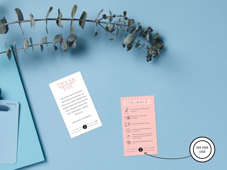 May include: Two pink and white cards with black text. The first card says "Thank You" and includes a message about a package brightening someone's day. The second card says "Candle Care" and includes a list of instructions for candle care.  The cards are on a light blue background with a sprig of eucalyptus.