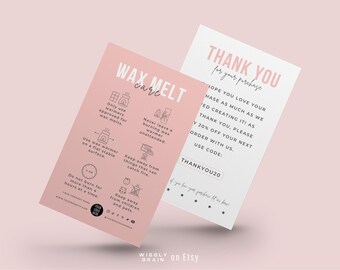 Wax Melt Care Card Template, Editable Wax Melts Instructions Cards, Mini Wax Tarts Safety Guide, Chic Design Wax Melt Packaging Inserts