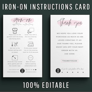 Mini Iron On Instructions Template, Editable Iron-On Heat Transfer Vinyl Application, Modern Design How to Apply HTV Care Card