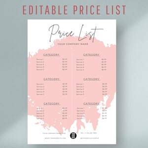Editable Vinyl Price List Template, Printable Pricing Sheet, Beauty Salon Price Guide, Modern Custom Menu for Small Businesses