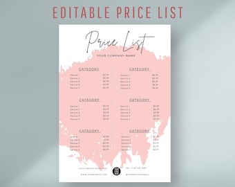 Editable Vinyl Price List Template, Printable Pricing Sheet, Beauty Salon Price Guide, Modern Custom Menu for Small Businesses
