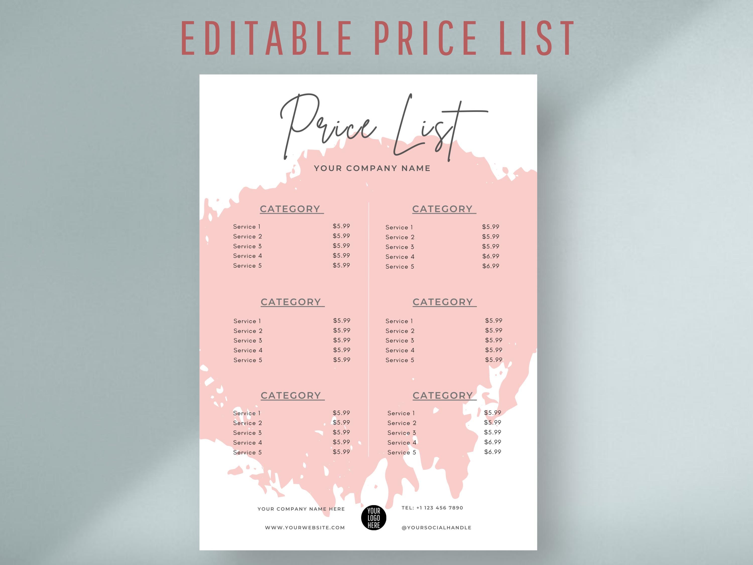 Editable Vinyl Price List Template, Printable Pricing Sheet, Beauty