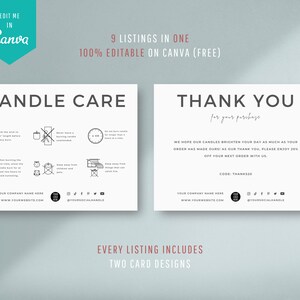 Pode incluir: Dois cart&otilde;es brancos com texto preto e ilustra&ccedil;&otilde;es. O primeiro cart&atilde;o tem o t&iacute;tulo "Candle Care" e inclui instru&ccedil;&otilde;es para queimar velas. O segundo cart&atilde;o tem o t&iacute;tulo "Obrigado" e inclui uma mensagem agradecendo aos clientes pela compra e oferecendo um desconto em seu pr&oacute;ximo pedido. O texto nos cart&otilde;es inclui a frase "Your Company Name Here" e um endere&ccedil;o de site.