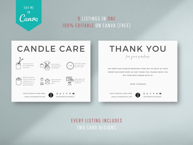 Pode incluir: Dois cart&otilde;es brancos com texto preto e ilustra&ccedil;&otilde;es. O primeiro cart&atilde;o tem o t&iacute;tulo "Candle Care" e inclui instru&ccedil;&otilde;es para queimar velas. O segundo cart&atilde;o tem o t&iacute;tulo "Obrigado" e inclui uma mensagem agradecendo aos clientes pela compra e oferecendo um desconto em seu pr&oacute;ximo pedido. O texto nos cart&otilde;es inclui a frase "Your Company Name Here" e um endere&ccedil;o de site.