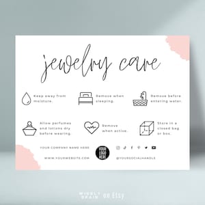 Plantilla de tarjeta de cuidado de joyas, instrucciones de cuidado de joyas imprimibles, insertos de cuidado de joyas editables, tarjetas de cuidado de aretes, cuidado de pulseras Canva