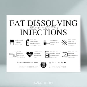 Puede incluir: Infografía en blanco y negro con instrucciones para el cuidado posterior a las inyecciones de disolución de grasa. La infografía incluye iconos para beber agua, aplicar compresas frías, evitar los anticoagulantes, evitar temperaturas extremas, evitar los cosméticos, evitar el ejercicio, tomar analgésicos de venta libre y reservar una cita de seguimiento. La infografía también incluye el texto "FAT DISSOLVING INJECTIONS", "YOUR COMPANY NAME HERE", "WWW.YOURWEBSITE.COM", "YOUR LOGO HERE", y "@YOURSOCIALHANDLE".
