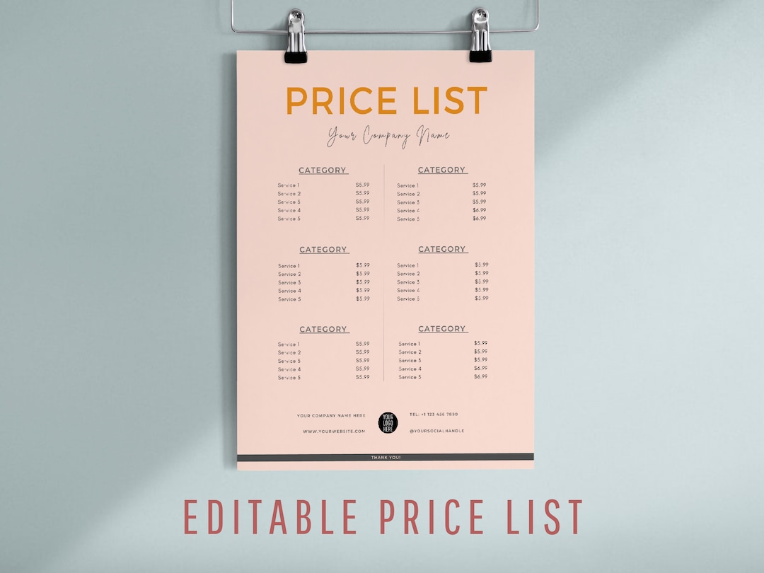 Editable Price List Template, Printable Pricing Sheet, Beauty Salon ...
