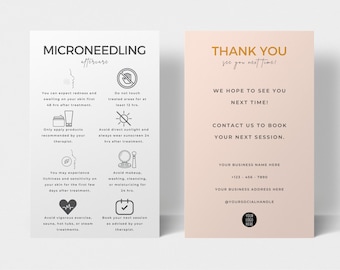 Puede incluir: Dos tarjetas rosas y blancas con texto negro. La tarjeta de la izquierda tiene el título "Microneedling Cuidado posterior" y enumera las instrucciones para el cuidado posterior. La tarjeta de la derecha tiene el título "Gracias" y dice "¡Hasta pronto!" con la información de contacto del negocio.