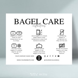 Plantilla de tarjeta de cuidado de bagels editable, guía de instrucciones de almacenamiento de panecillos, inserciones de embalaje de panadería de diseño elegante, nota de bagels imprimibles