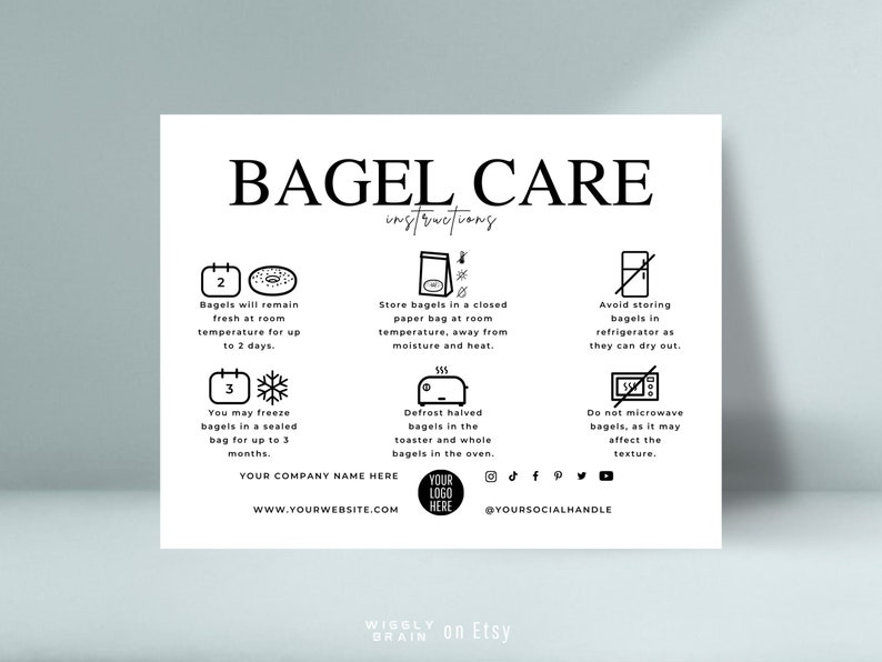 Editable Bagel Care Card Template, Bread Roll Storage Instructions ...