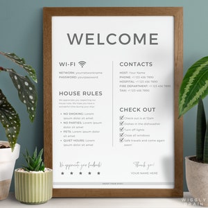 Szablon znaku powitalnego Airbnb, 1-stronicowy przewodnik powitalny Airbnb, Zasady domowe dla gości Airbnb, Znak wakacyjny Instrukcje wymeldowania Airbnb
