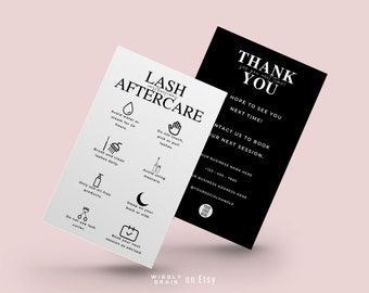 Plantilla de tarjeta mini para el cuidado posterior de pestañas, tarjetas editables para el cuidado de extensiones de pestañas, marca comercial imprimible para pestañas, diseño de instrucciones para guía de pestañas
