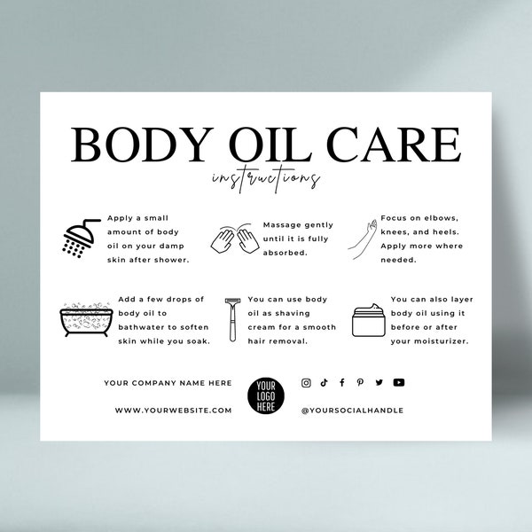 Body Oil Care Card Template, Editable Dry Oil Application Guide, Elegant Design Body Serum Care Instructions
