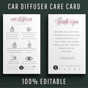Editable Mini Car Diffuser Care Card Template, Car Scent Care Instructions, Car Diffuser Oil Guide, Modern Design Car Air Freshener Manual