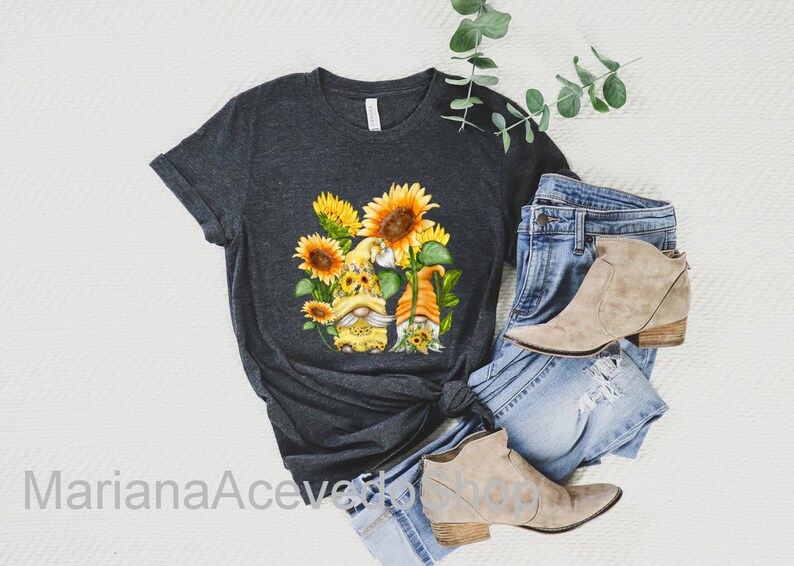 Floral T-Shirt Unique Sunflower Gnome For Hippies And Spring Time