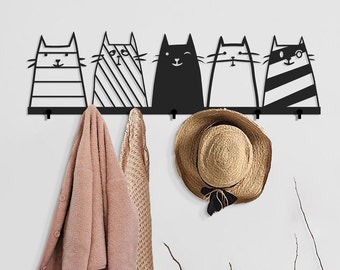 Modern Cat Decor Coat Rack: Black Metal Wall Hooks