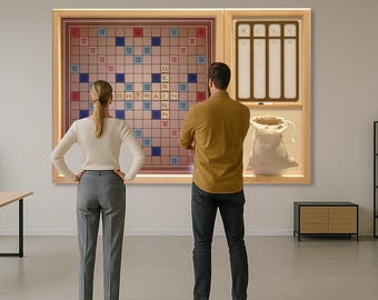 May include: A large, framed Scrabble board with the word "CHYWAIN" displayed. The game board is mounted on a wall, next to a wooden display case with a bag of tiles. Two people stand in front of the board.