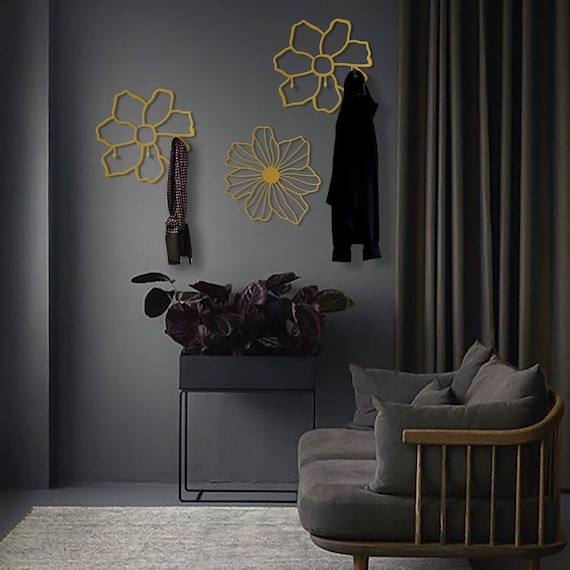 Flower Coat Rack Wall Mount: Modern Metal Wall Art, Set of 3