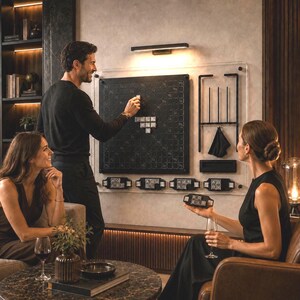 Puede incluir: Un tablero de juego de palabras montado en la pared con una cuadrícula negra sobre un panel de acrílico transparente. El set incluye fichas de letras individuales, un soporte para fichas y un paño negro. Iluminado por una lámpara horizontal.