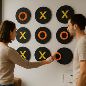 May include: A wall-mounted tic-tac-toe game with black circular game pieces. The game pieces have either a yellow "X" or an orange "O" on them. A person is holding an orange "O" piece, ready to place it on the board.