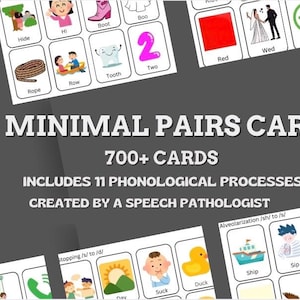 Pode incluir: Cartões com ilustrações e palavras como "cheap", "keep", "rope" e "two". Os cartões fazem parte de um conjunto "Minimal Pairs Card", contendo mais de 700 cartões, 11 processos fonológicos, criados por um fonoaudiólogo.