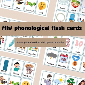 May include: Flash cards for phonological learning, with words such as "thought," "father," and "thumb." The cards have colourful illustrations and the text "/th/ phonological flash cards" is displayed. Includes a bonus parent handout.