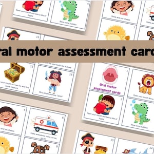Tarjetas de evaluación motora oral para niños realizadas por un logopeda pediátrico.