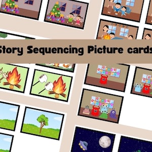 May include: A collection of illustrated story sequencing picture cards. The cards depict various scenes, including a campfire with marshmallows, a Christmas tree, and a birthday party with colorful decorations. The text "Story Sequencing Picture cards" is displayed.