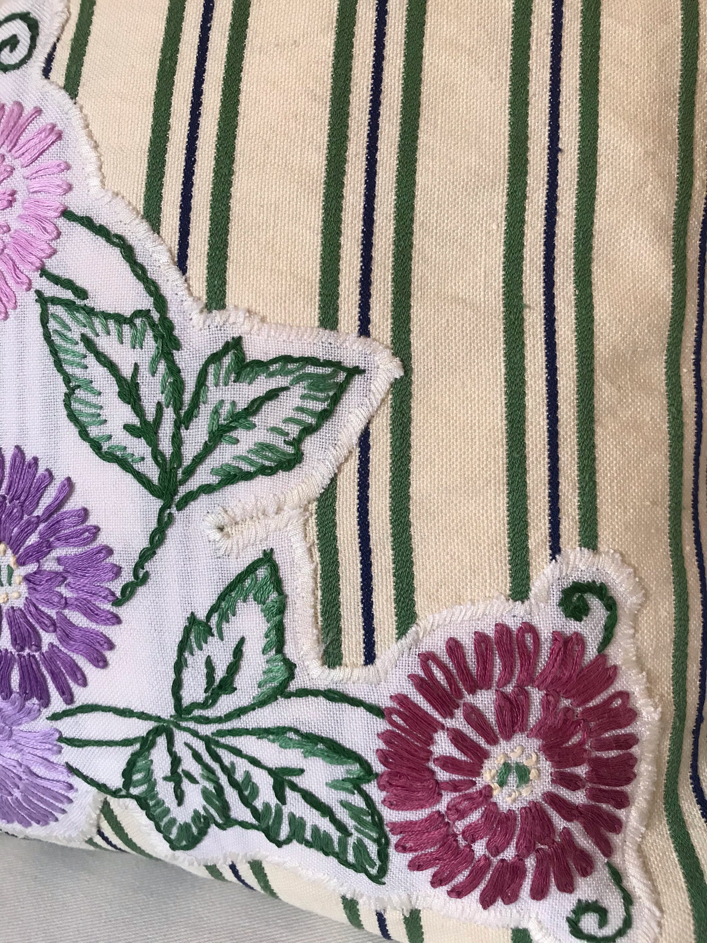 Striped Green Cushion Cover with Appliqué HandEmbroidered Etsy