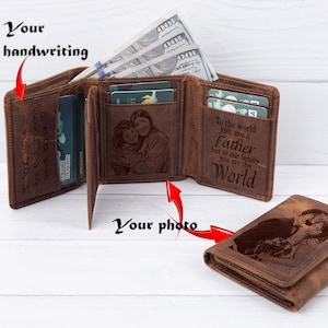 Regalo de Navidad, billetera de cuero genuino personalizada de tres pliegues para hombre, billeteras protegidas con RFID grabadas a medida, regalo para el aniversario de papá y esposo