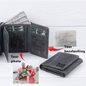 Billetera para hombre, billetera de cuero personalizada con foto en tres partes, billeteras grabadas personalizadas con protección RFID, regalo de Navidad para el aniversario de papá y esposo